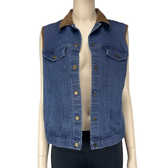 VINTAGE R&R Denim Faux Suede Brown Collar Blue Jeans Vest Size M (10-12) - Picture 4 of 9